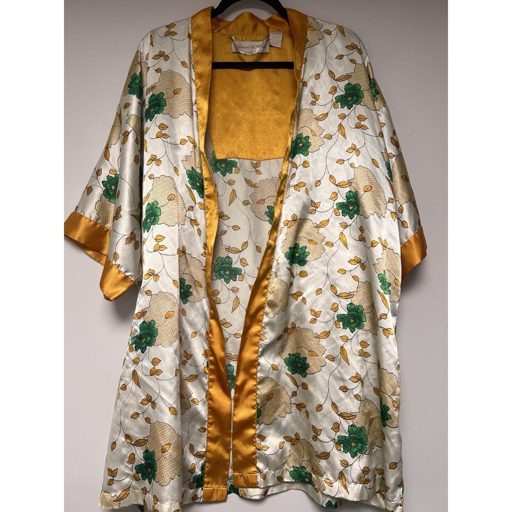 Contessa Di Roma Floral Kimono Robe Women Large Gold Ivory Excellent Satin